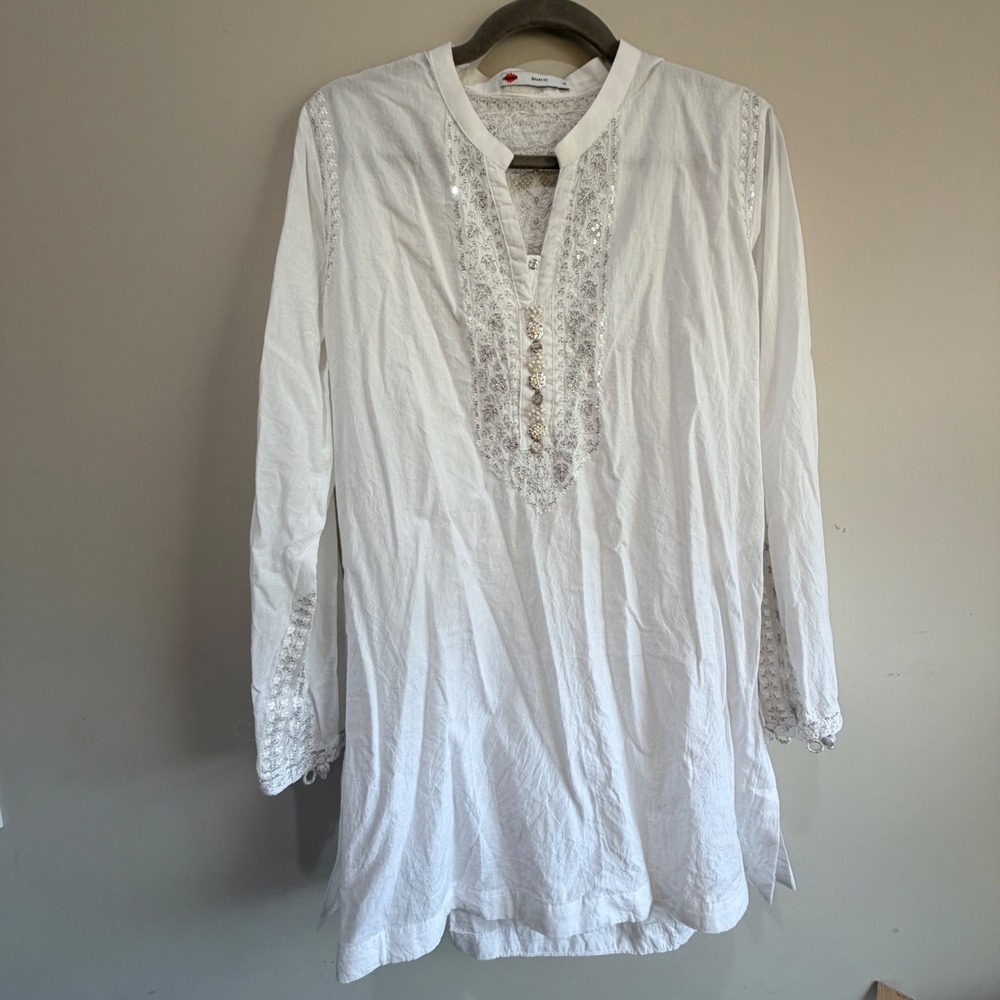 Khaadi Embroidered Kurta Tunic Women 12 White Silver Sequin Boho Minimalist